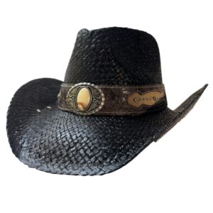 Western Straw Cowboy Hat with Decorative Band – Cowgirl Hat with Metal Accents