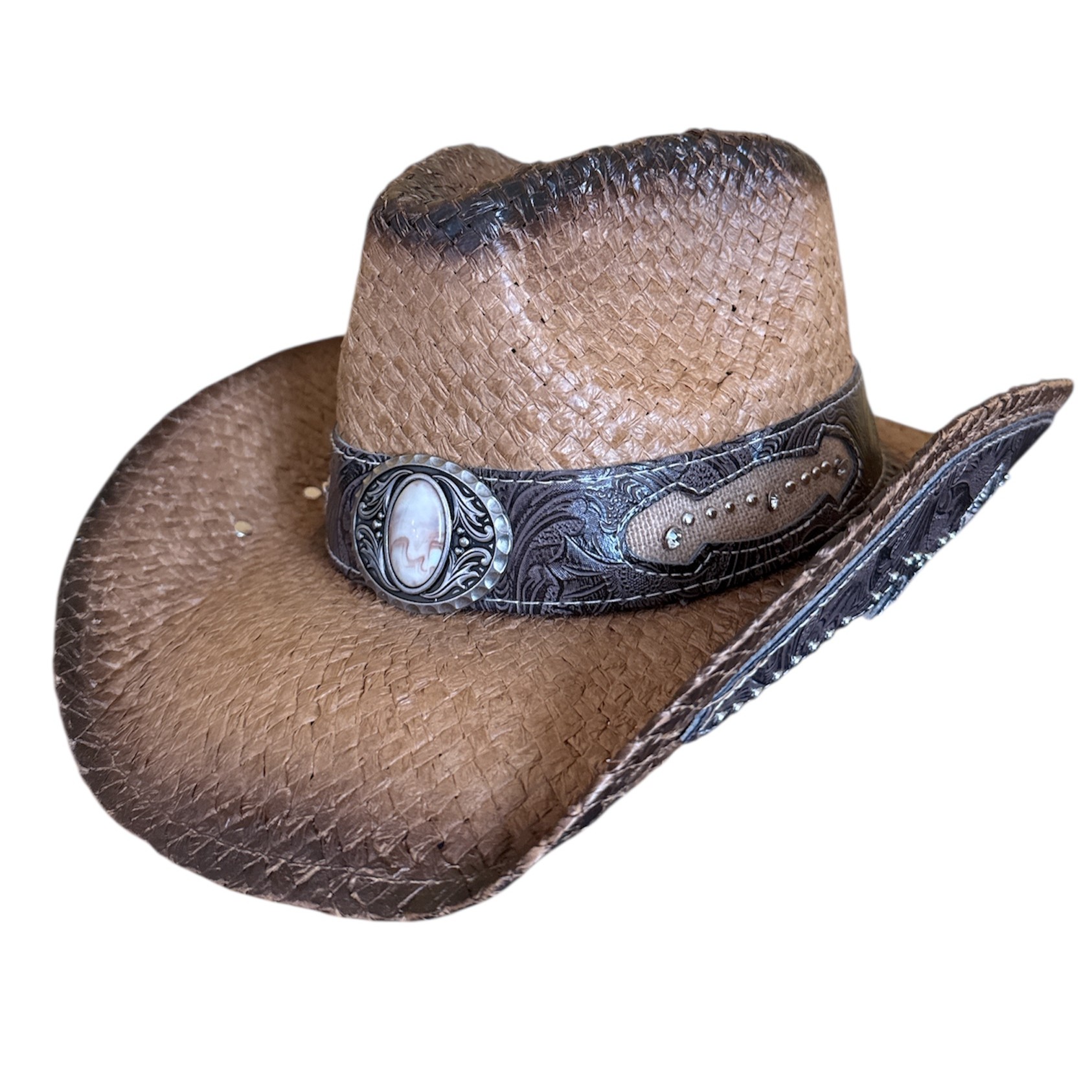 Western Straw Cowboy Hat with Decorative Band – Cowgirl Hat with Metal Accents - Image 7