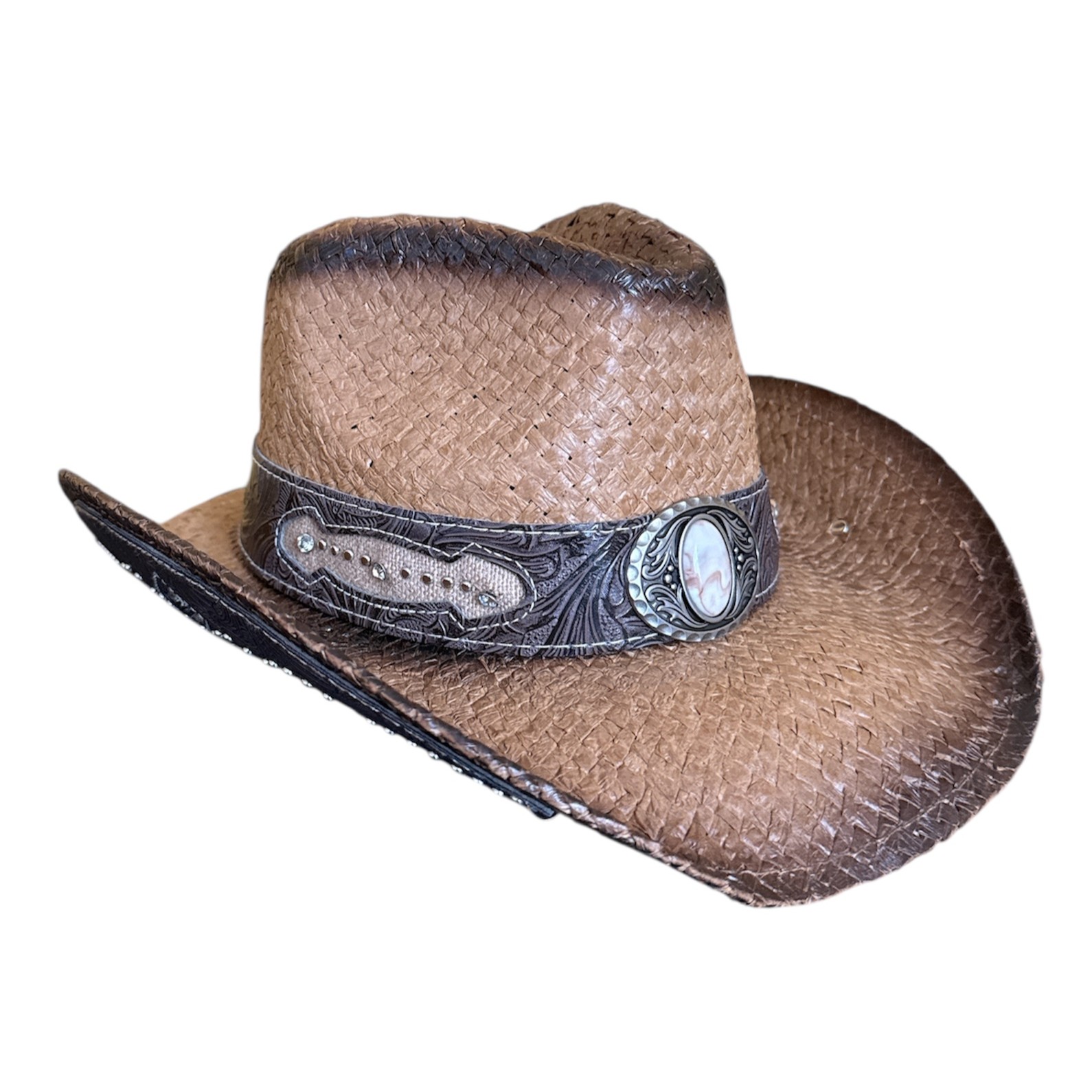 Western Straw Cowboy Hat with Decorative Band – Cowgirl Hat with Metal Accents - Image 8