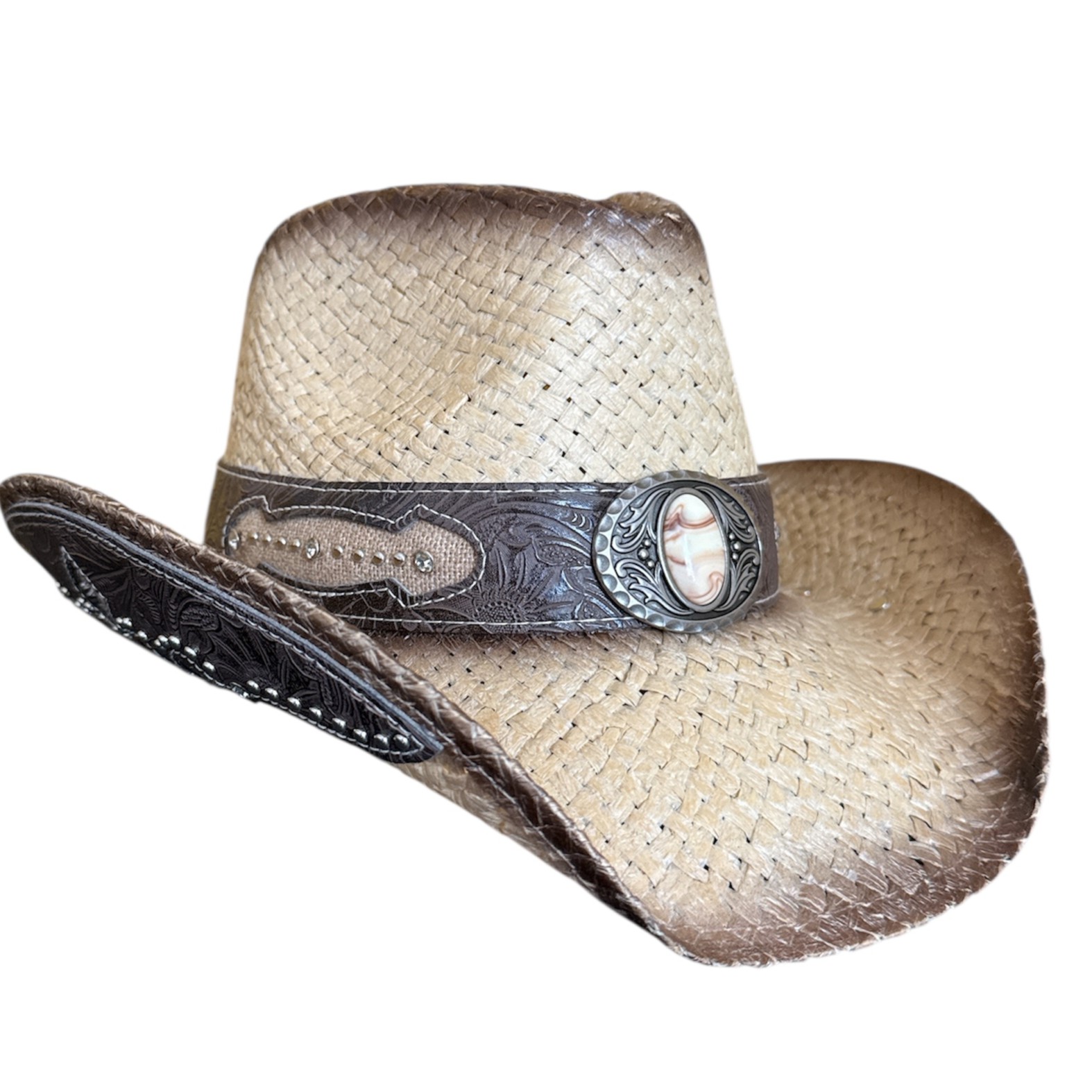 Western Straw Cowboy Hat with Decorative Band – Cowgirl Hat with Metal Accents - Image 11