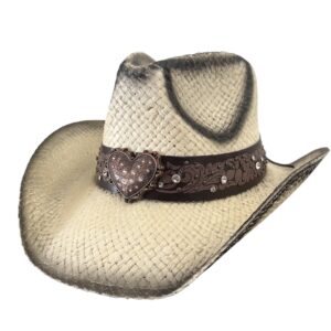 Straw Cowgirl Hat with Rhinestone Heart – Sparkly Western Cowboy Hat
