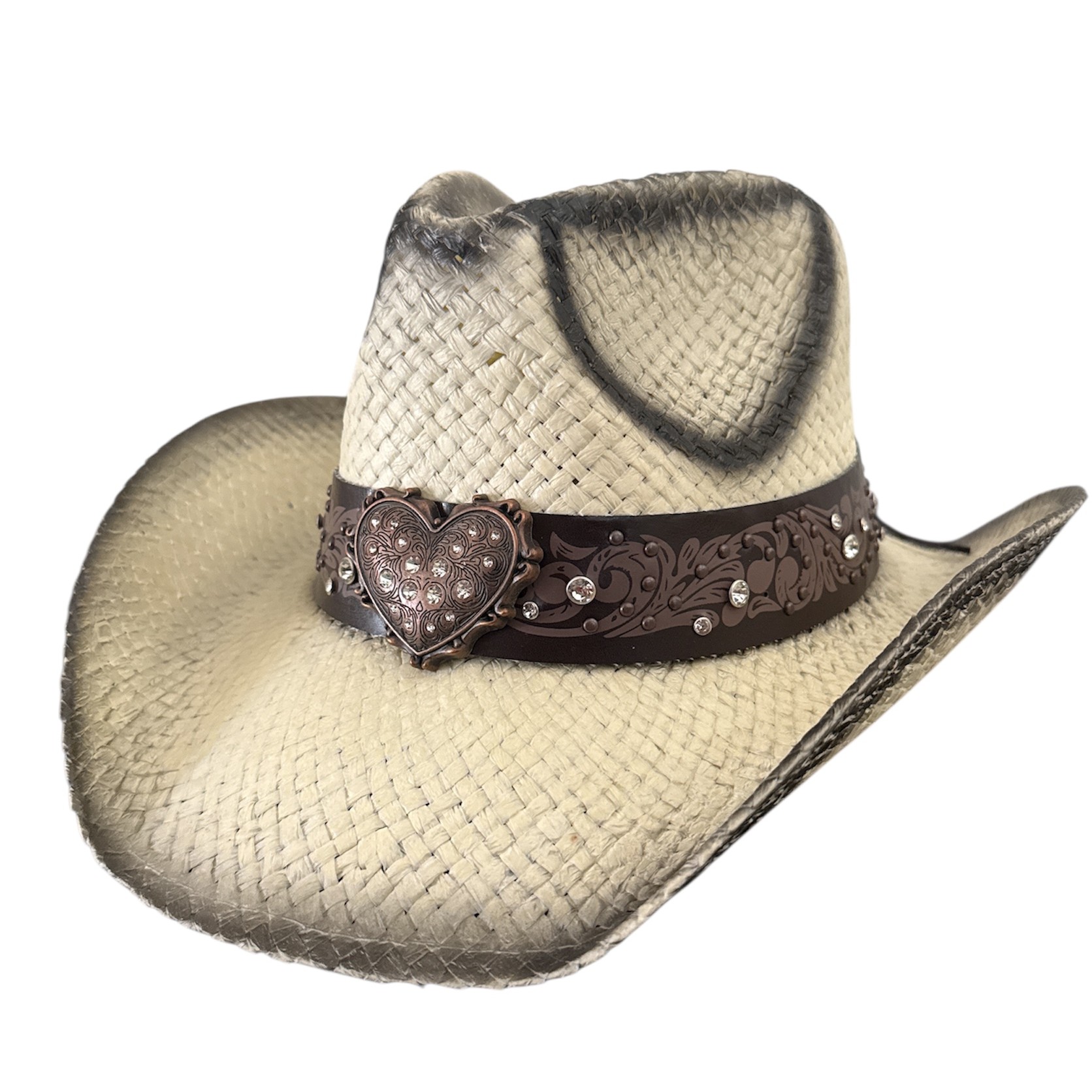 Straw Cowgirl Hat with Rhinestone Heart – Sparkly Western Cowboy Hat