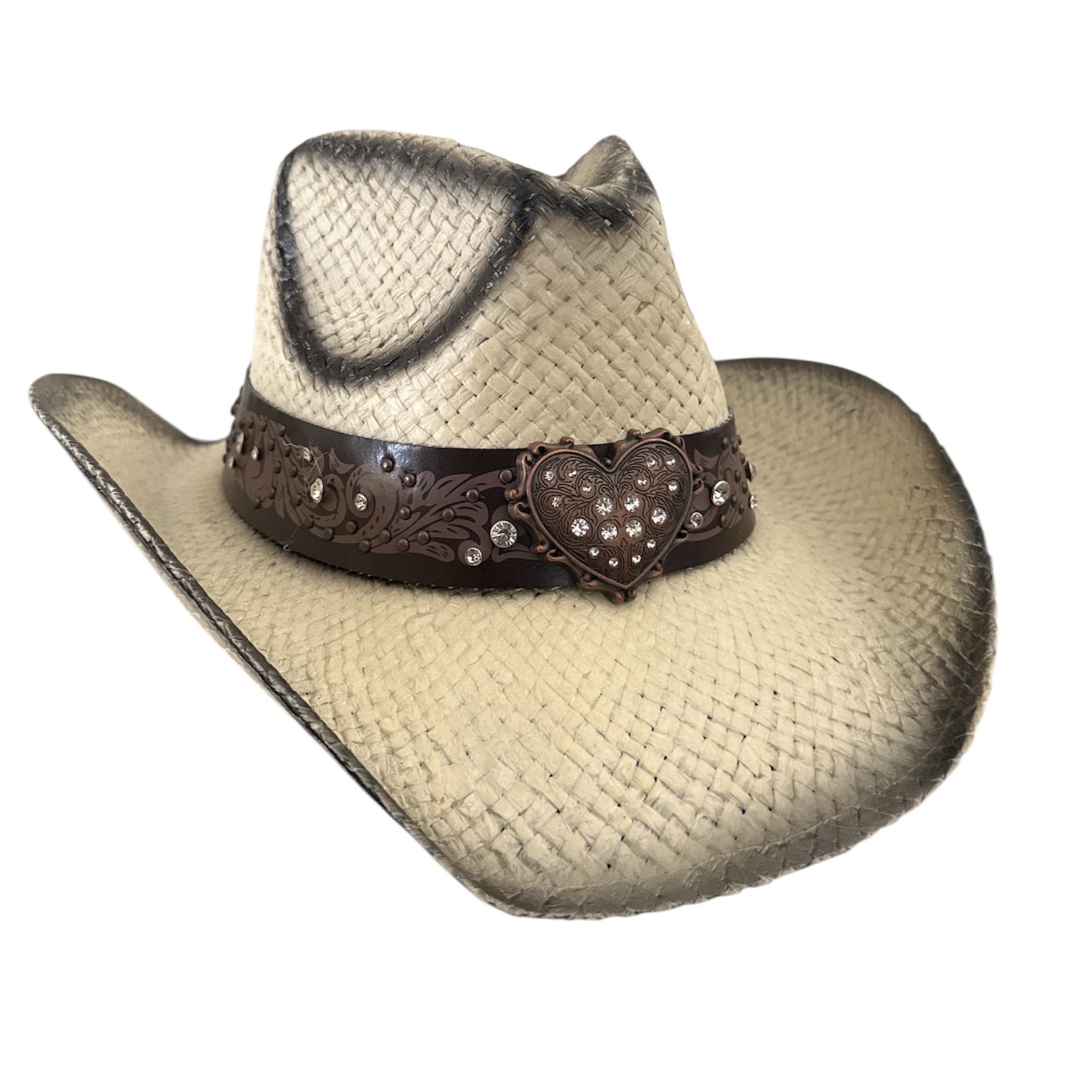 Straw Cowgirl Hat with Rhinestone Heart – Sparkly Western Cowboy Hat - Image 2